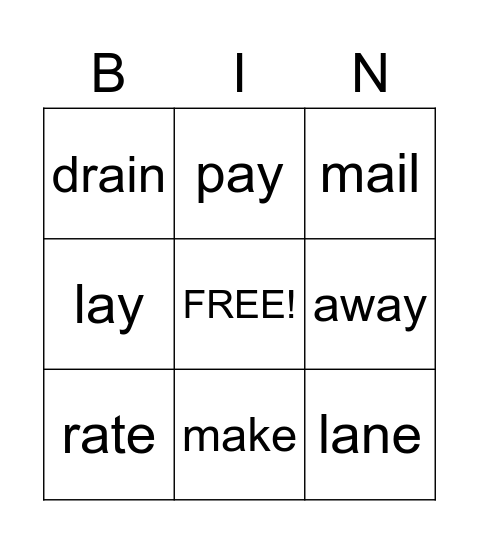 Long A Bingo Card