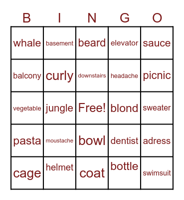 MOVERS VOCABULARY Bingo Card