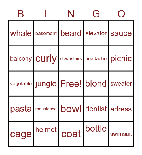 MOVERS VOCABULARY Bingo Card