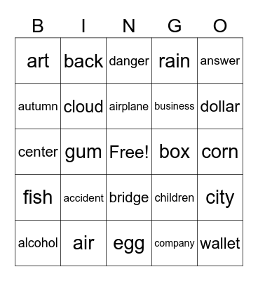 Common Nouns 1 Bingo Card