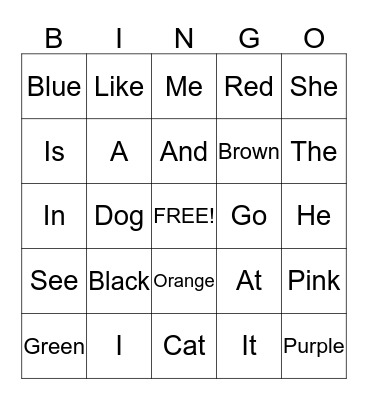 Sight Words Bingo Card