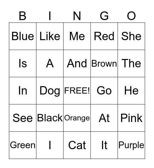 Sight Words Bingo Card