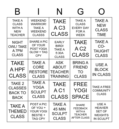 CorePower Yoga Bingo Card