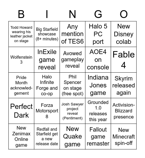 Xbox Game Showcase Bingo Card