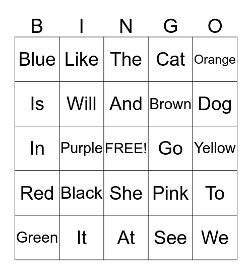 Sight Words Bingo Card