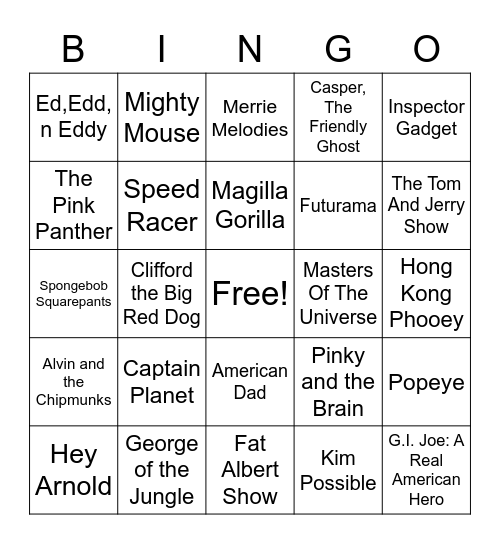 Cartoon Bingo Card