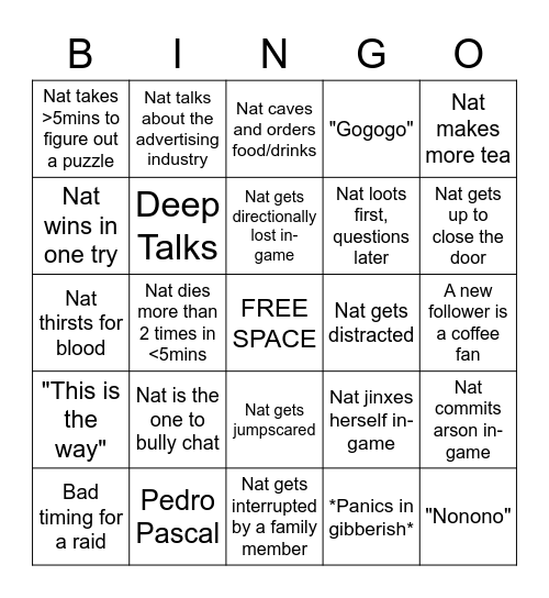 Nat's Stream Bingo Card