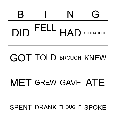 Irregular verbs Bingo Card