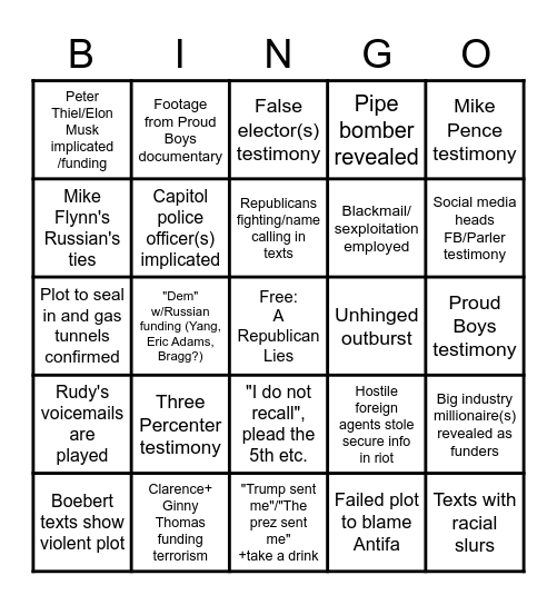 January 6th Capitol Insurrection Hearings Bingo Card
