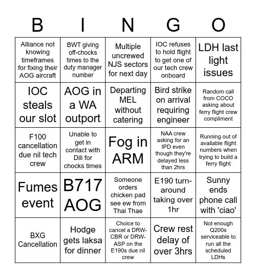 ROC Operations Bingo Card