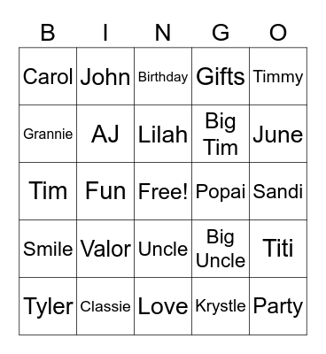 Valor's Birthday Bingo Card