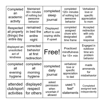 Cayden Daily Bingo Card