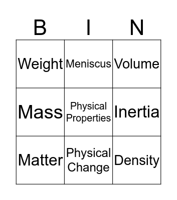 The Properties of Matter Bingo Card