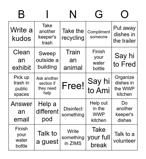 Zookeeper Bingo Card