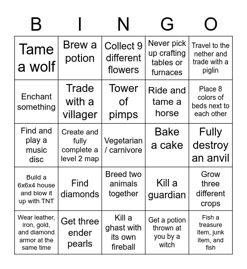 Minecraft Bingo Card