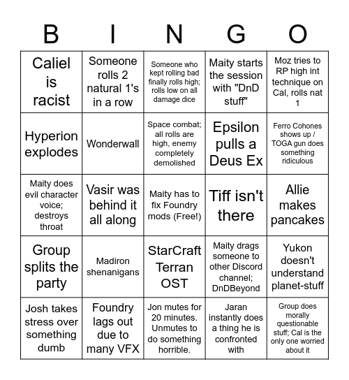 Saturday Night DnD Bingo Card