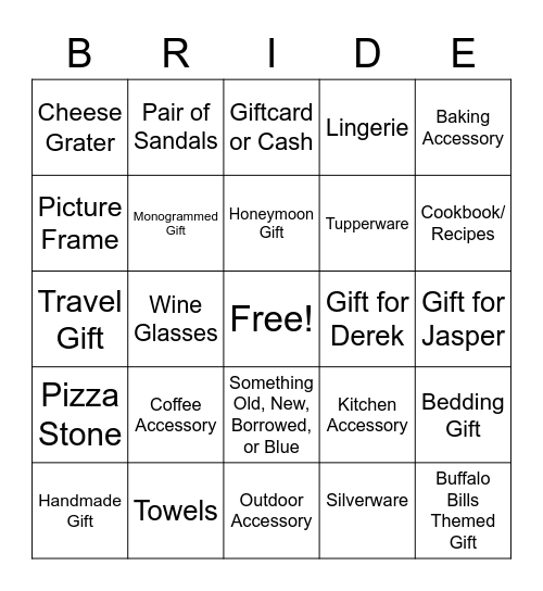 Zoe's Bridal Shower Bingo Card