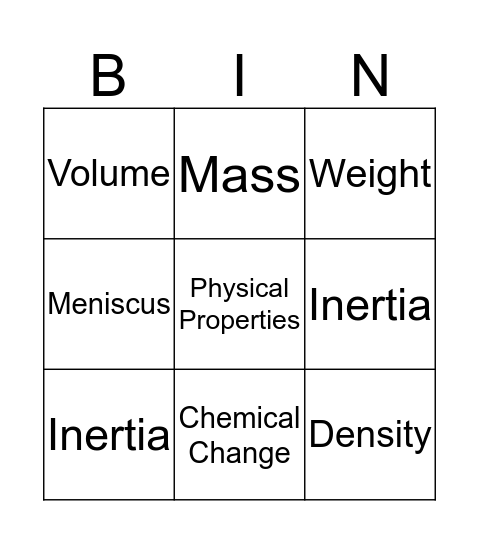 The Properties of Matter Bingo Card