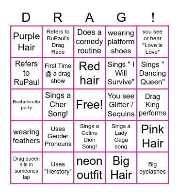 Drag Show Bingo Card