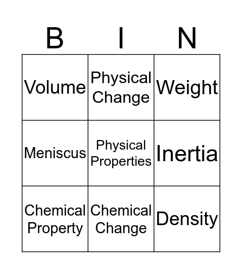 The Properties of Matter Bingo Card