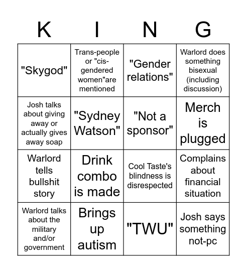 KingCobra JFS Drinking game Bingo Card