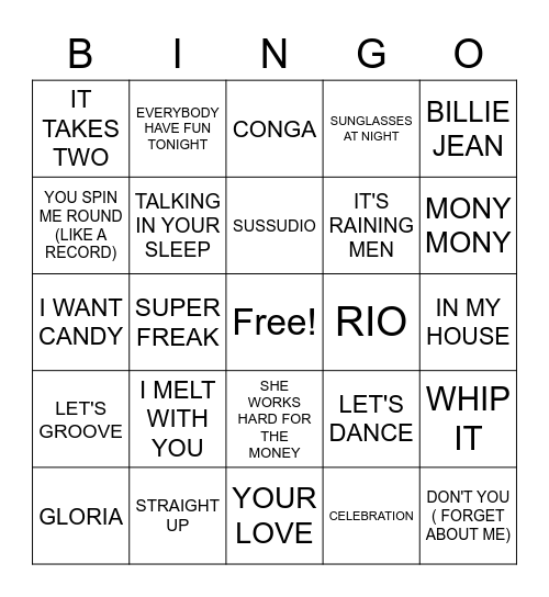 80'S HITS Bingo Card