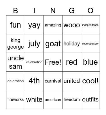 july 4th Bingo Card