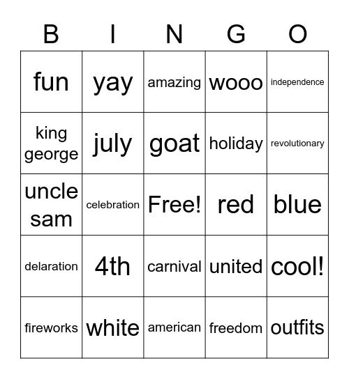 july 4th Bingo Card