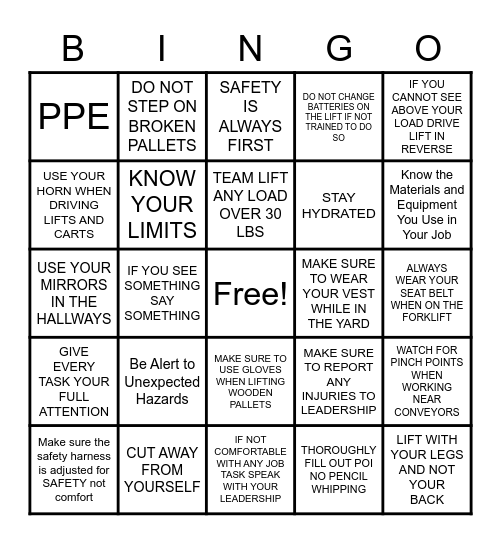 SAFETY BINGO Card