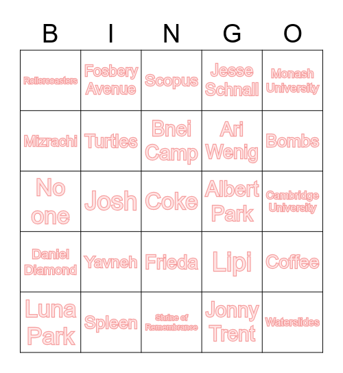 People, Places and Things Bingo Card