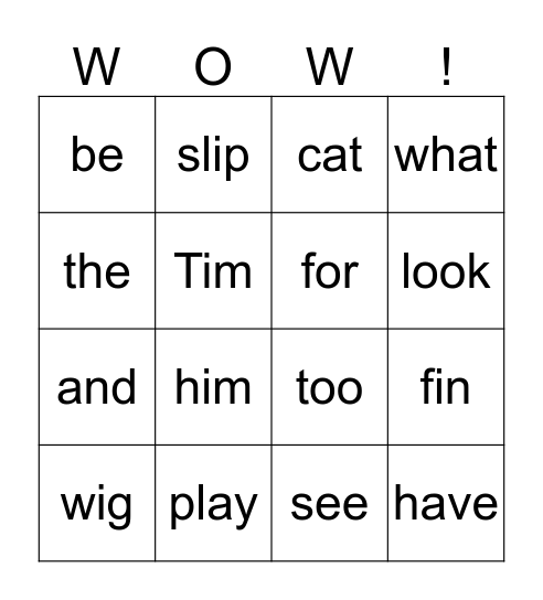 Sight Word and Short Vowel Bingo Card