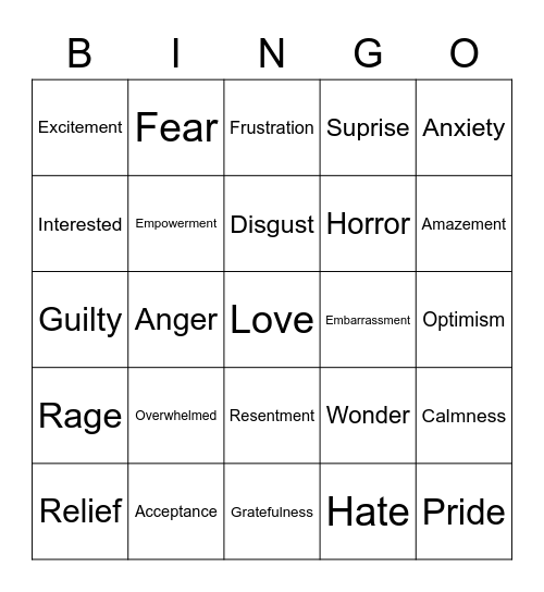 Emotion Bingo Card