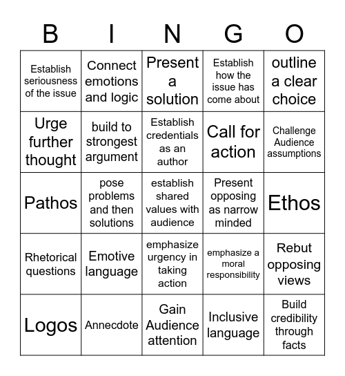 Analysing argument Bingo Card