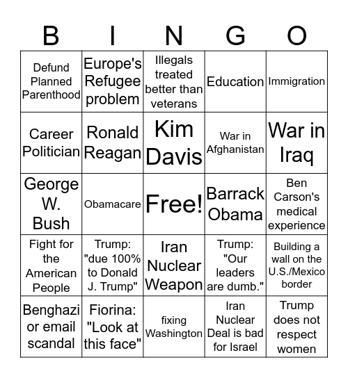 09/16/15 Republican Debate Bingo Card