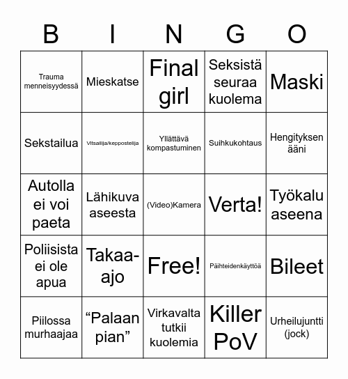 Slasher Bingo Card