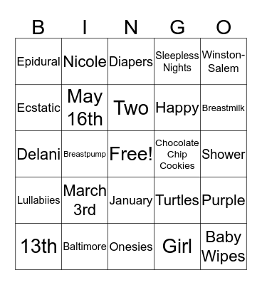 Donna's Baby Shower Bingo Card