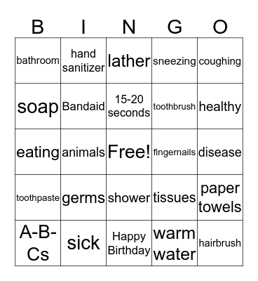 PERSONAL HYGIENE BINGO Card