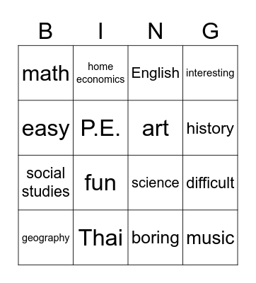 School Life Bingo Card