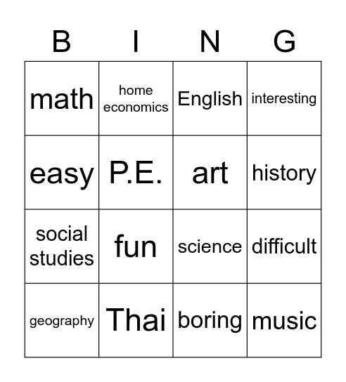 School Life Bingo Card