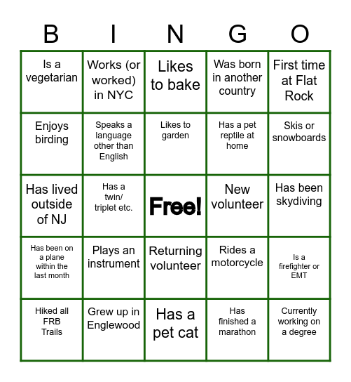 FRB Volunteer Bingo Card