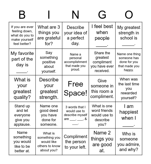 Self-Esteem Bingo! Bingo Card