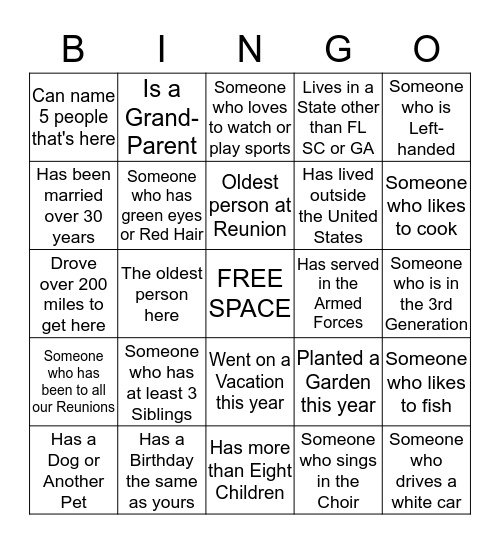 Long Family Bingo Card