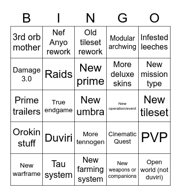 Warframe Tennocon Bingo Card