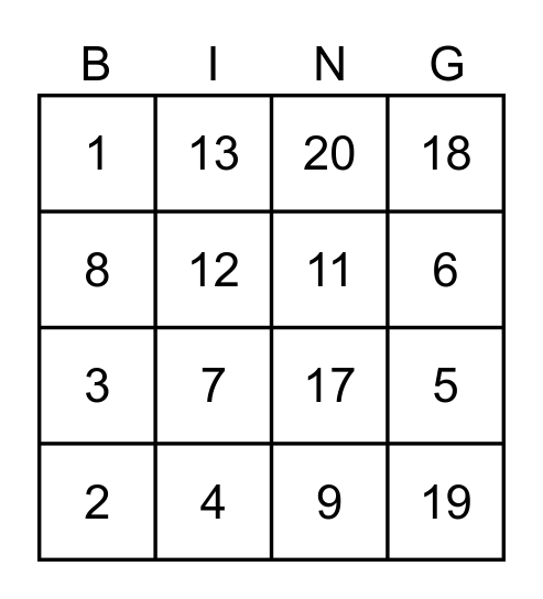 Numeros 1-20 Bingo Card
