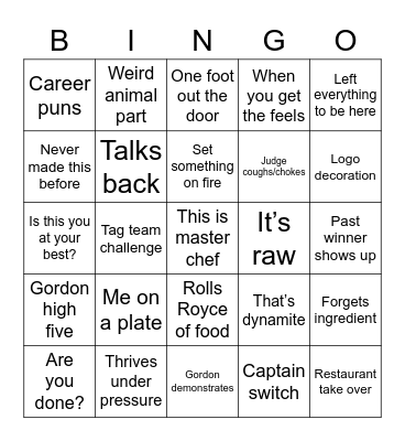 Master Chef Bingo Card