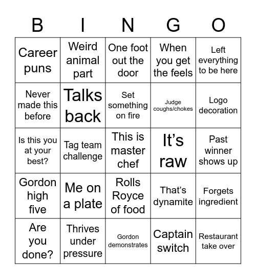 Master Chef Bingo Card