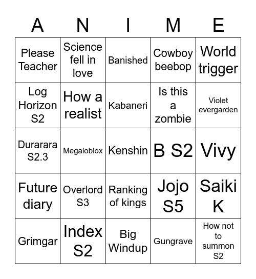 Anime Bingo Card