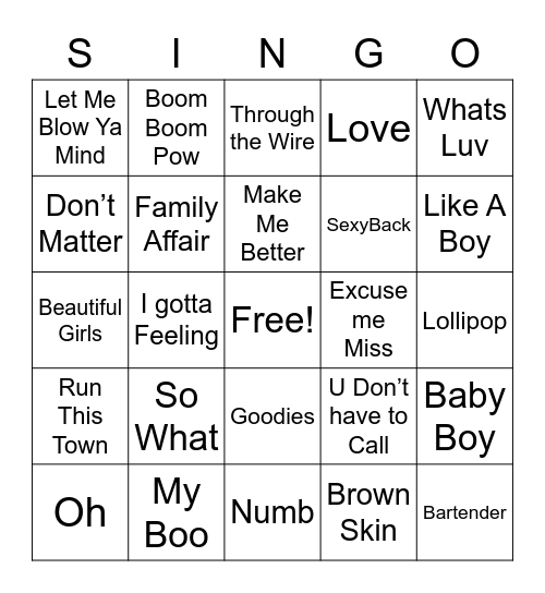 2000s Hits Singo Bingo Card