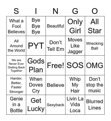 Pop Hits Singo Bingo Card