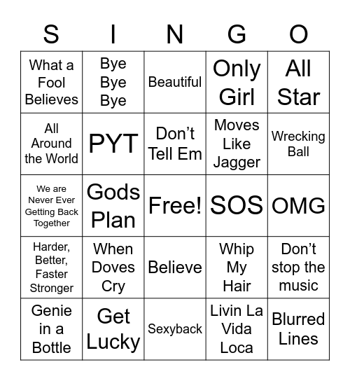 Pop Hits Singo Bingo Card